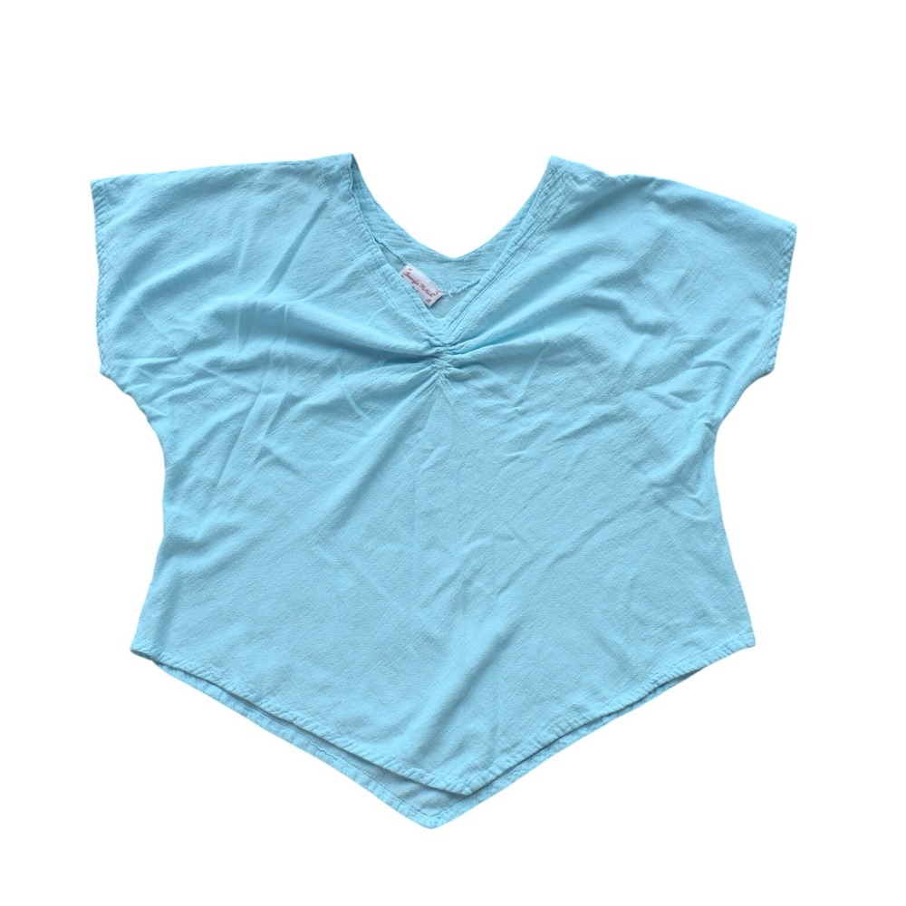 Jennifer McNeill‎ Aqua V-neck Fitted Gathered Cotton Short Sleeve Blouse Sz 2 XL